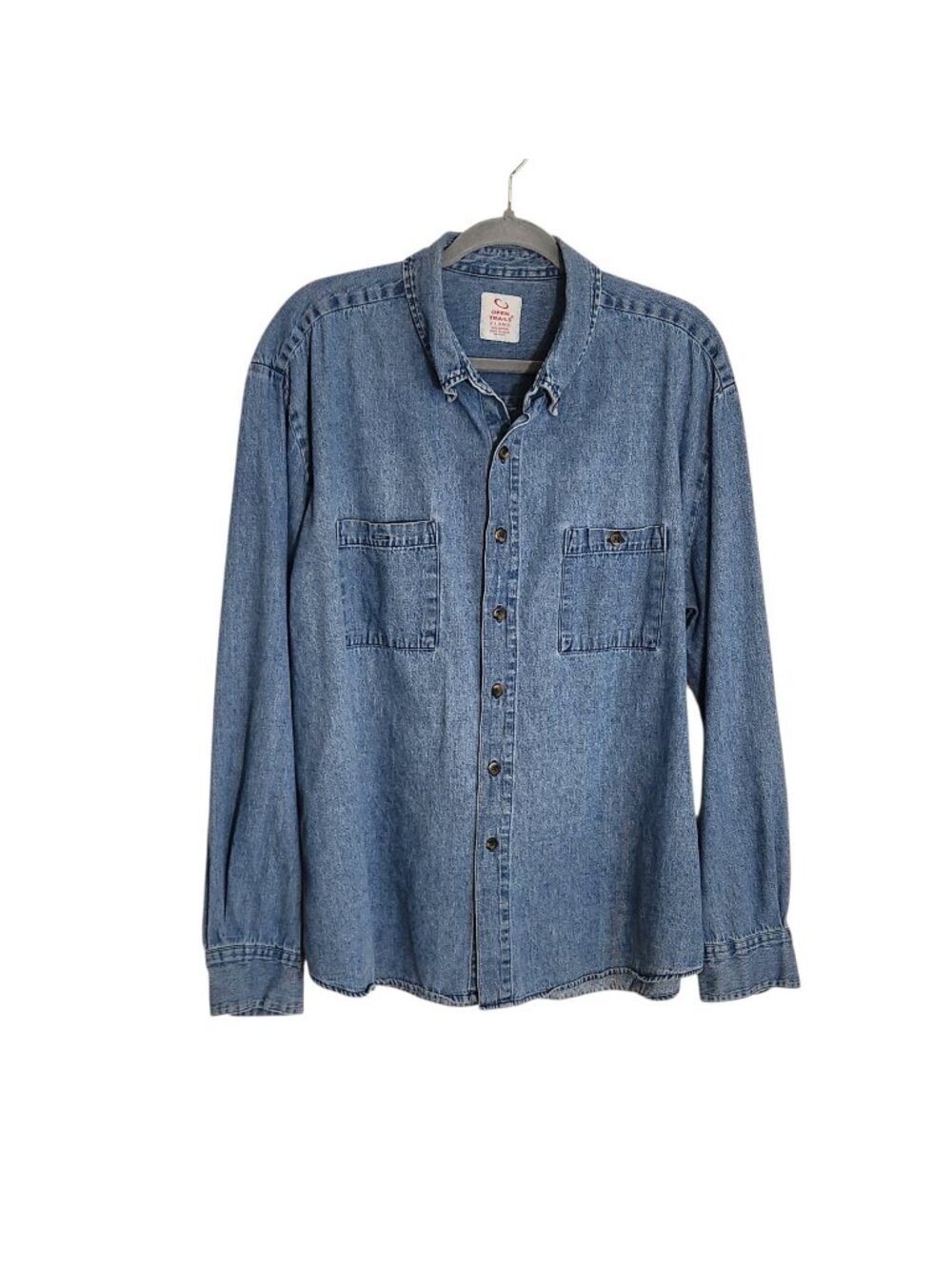 Open Trails Medium Wash Denim Jean Button Down Shirt Size XL Flaw